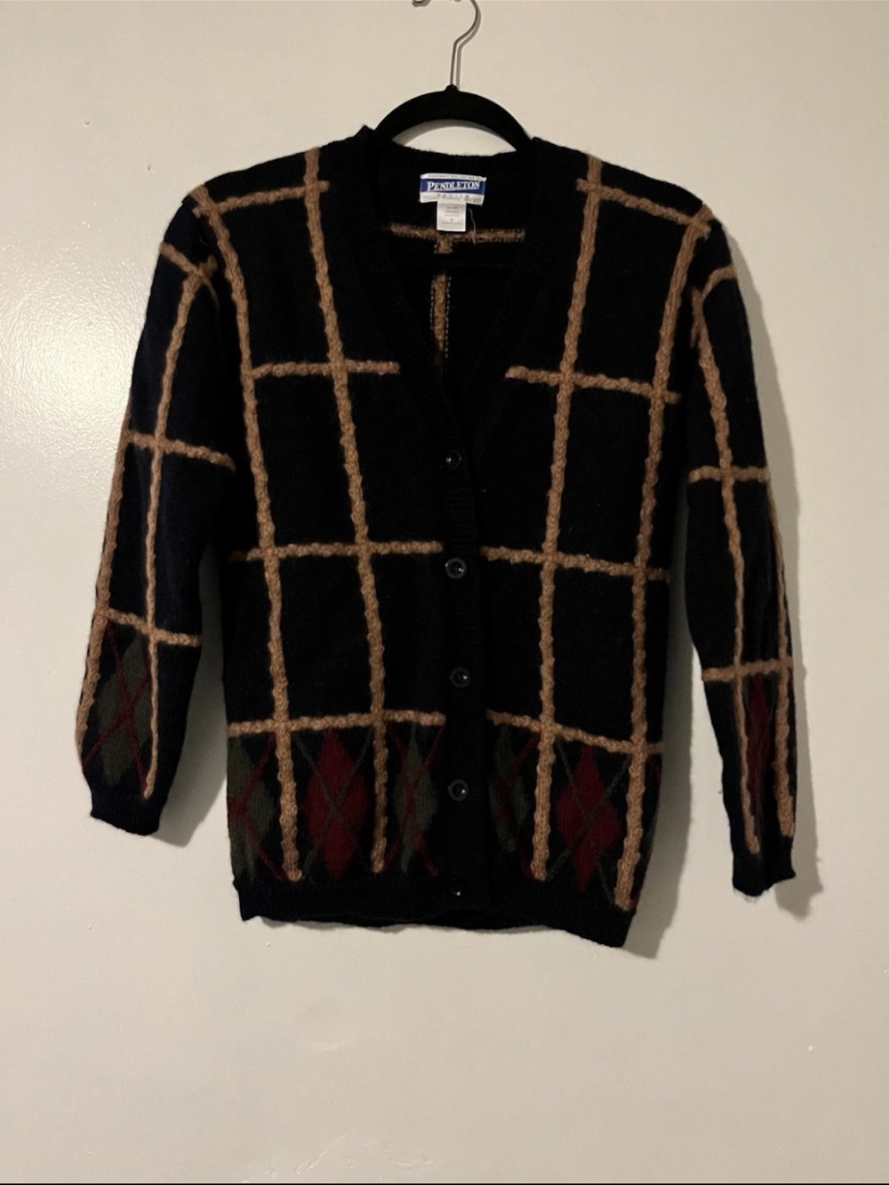 Pendleton WOOL Blue Cardigan with Brown Windowpane and Red/Green Argyle Accents